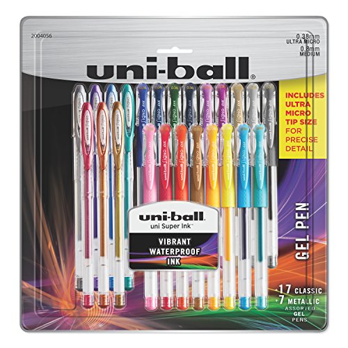 uni-ball 2004056 Gel Pens, Ultra Micro (0.38mm) & Medium (0.8mm) Points, Assorted Colors, 24 Count