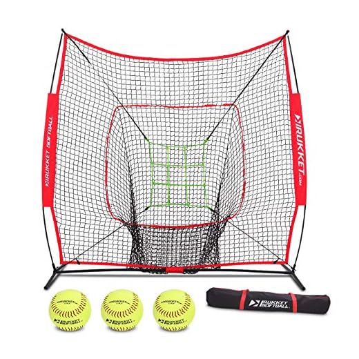 Rukket 7x7 Baseball & Softball Net, Practice Hitting, Pitching, Batting and Catching, Backstop Screen Equipment Training Aids, Includes Carry Bag (7x7ft Net, Target, 3 Softballs & Bag)