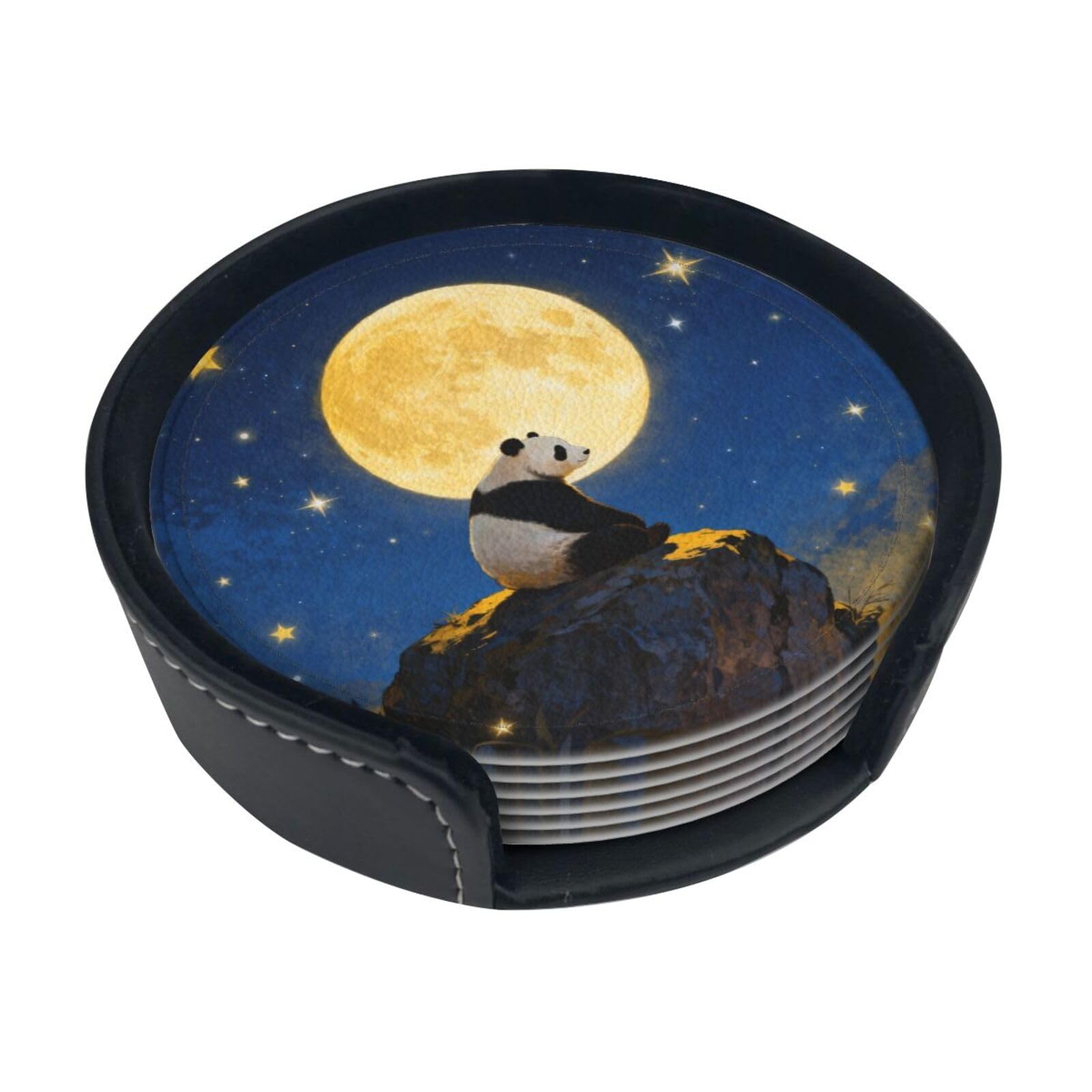 Cntdbu White Panda Moon Night Leather Coasters Set Of 6-Pu Leather Drink Mats For Table, Heat Resistant Round Coasters With Holder
