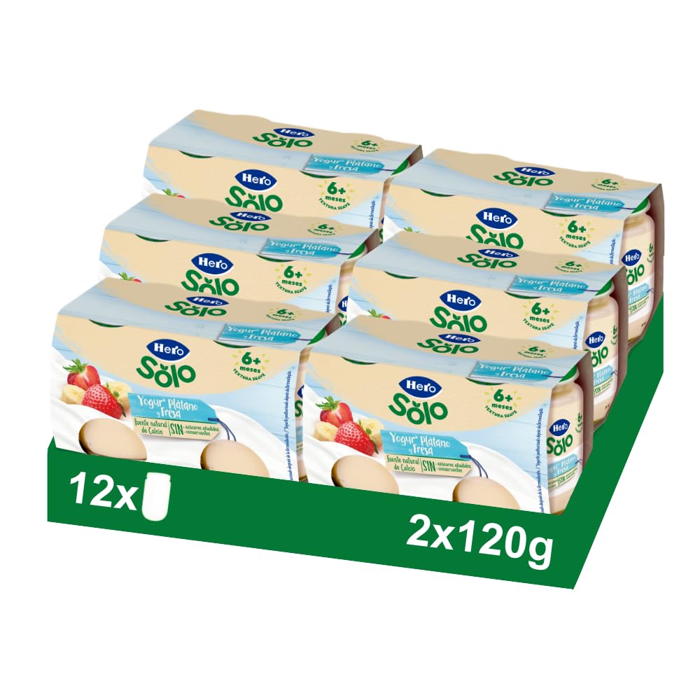 Hero Baby - Tarritos de Yogur, Plátano y Fresa, Fuente Natural de Calcio, Sin Azúcares Añadidos, Sin Aceite de Palma, Para Bebés a Partir de 6 Meses, 6 Packs de 2x120g