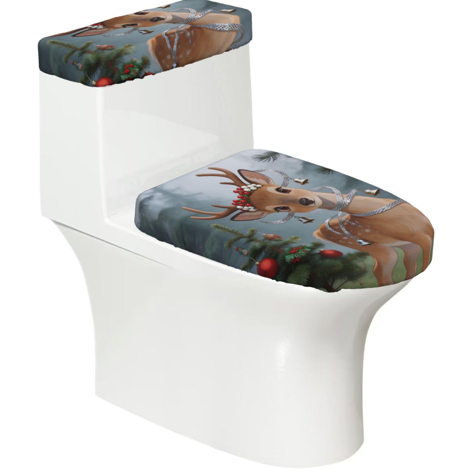 Cntdbu Black Deer Princess Elastic Toilet Cover Set Of 2-Stretchy Lid And Tank Covers For Bathroom, Soft Washable U Shape Toilet Decor