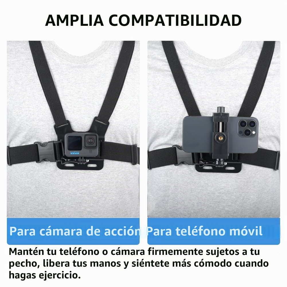Arnés de Pecho Soporte de Pecho, Soporte Movil Pecho Ajustable, Soporte de Pecho de Teléfono Móvil para Cámara de Acción de Gopro y Teléfonos + Trípode Portátil