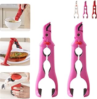 Hot Plate Gripper Tongs, Anti-Scald Bowl Lifters with Multi-Angle Silicone Clips, Non-Slip Heat Insulation Holder for Hot Dishes, Bowls, Pans, Pots & Lids (3-in-1 rose red)