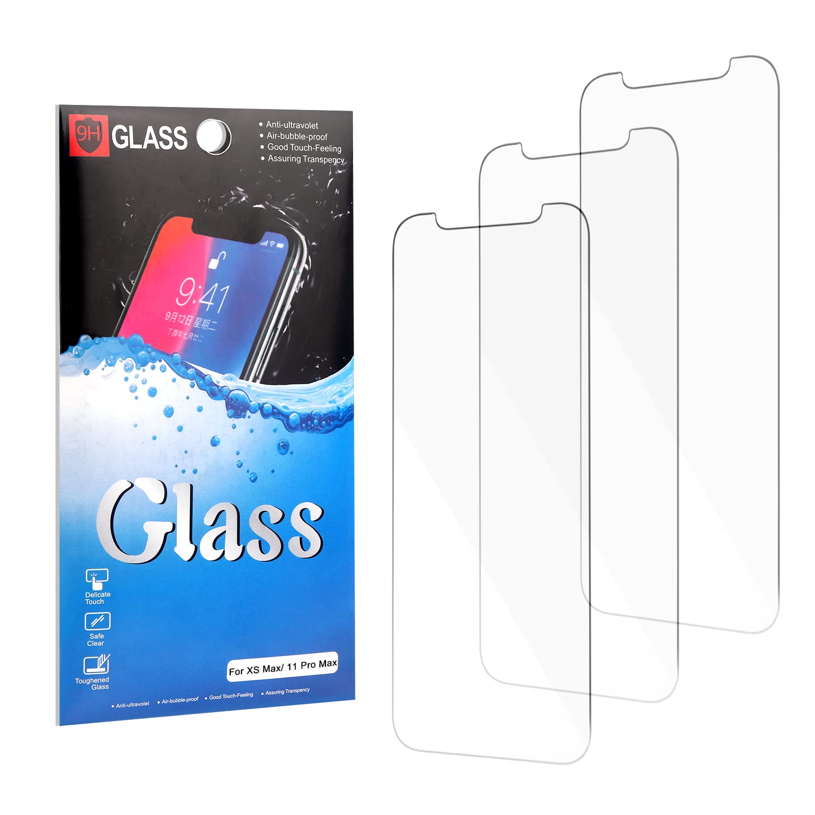 Glass Screen Protector for iPhone XS Max /11 Pro Max (6.5"), Anti-Scratch, Anti-Fingerprints, Bubble-Free, 9H Hardness, 0.33mm Ultra Transparent, Ultra Resistant Tempered Glass (3 Pack)