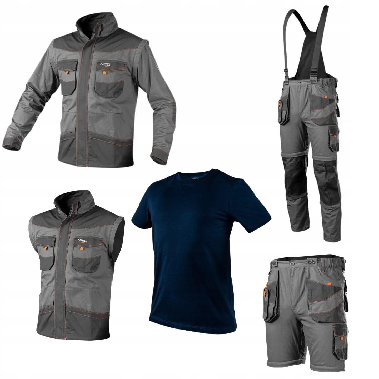 NEO TOOLS Ensemble de vêtements de travail | Pantalon de travail 6 en 1 (short court, pantalon, pantalon 3/4, avec ou sans bretelles) + veste de travail 2 en 1 (gilet, veste de travail) + T-shirt
