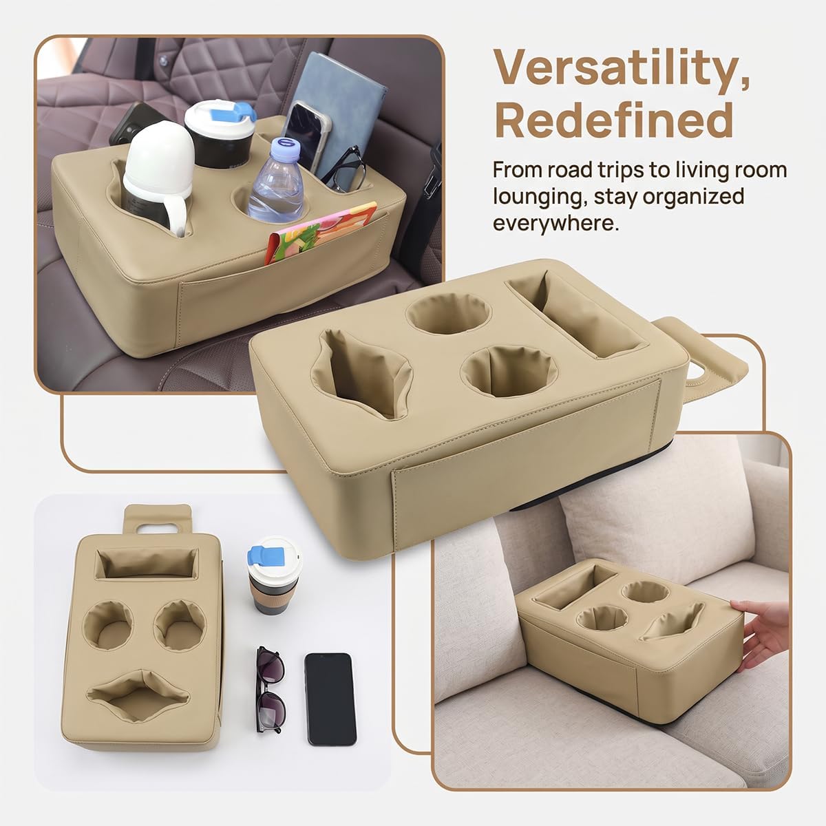 Car Backseat Cup Holder with Side Pocket, Leather, Anti-Skid, Beige