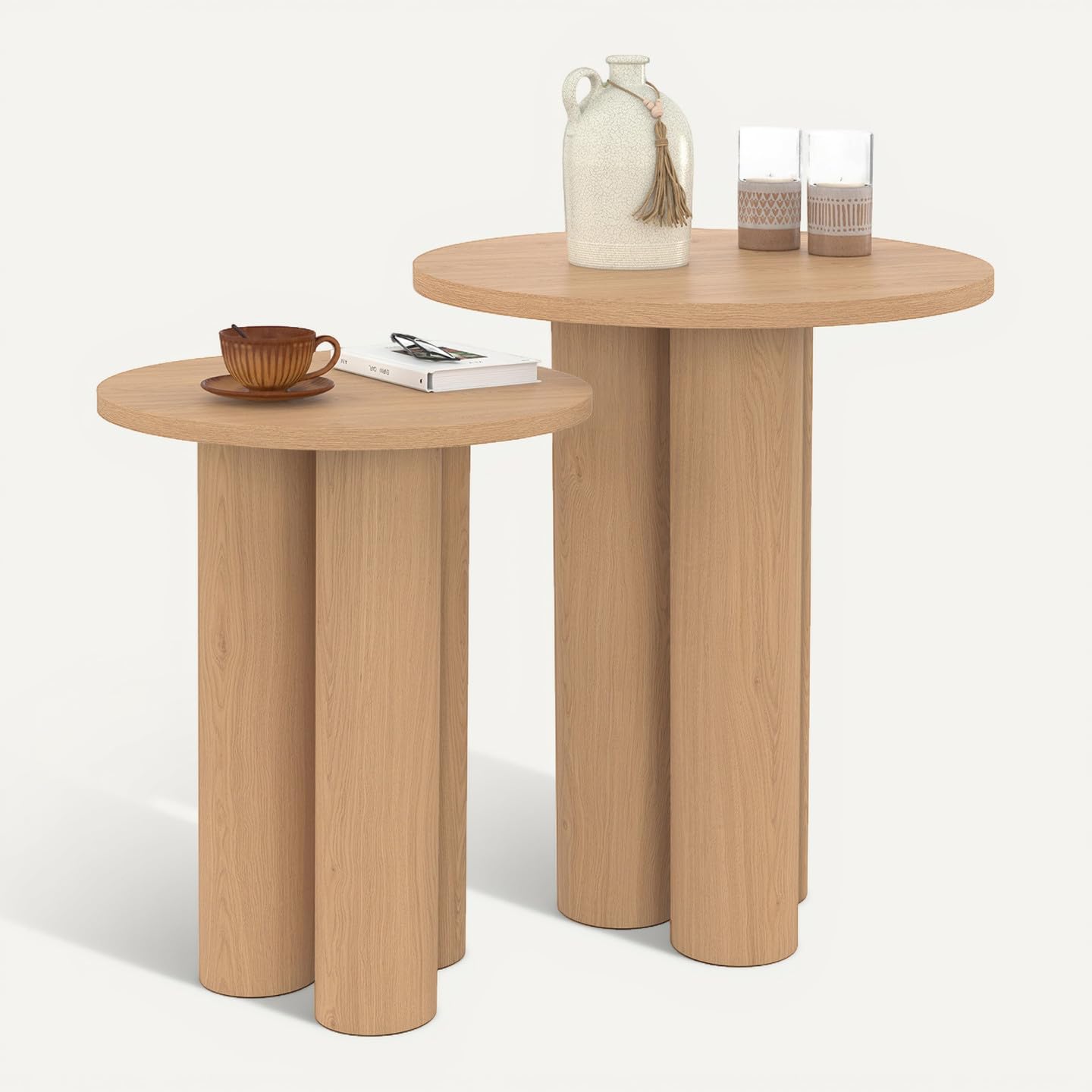IDMarket - Lot de 2 Tables d'appoint Rondes Eloise 35/40 cm Bois Clair
