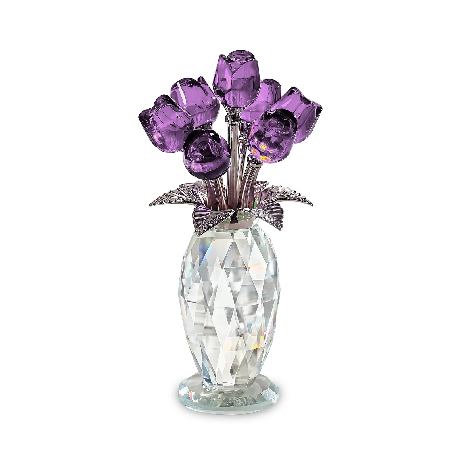 Havnix Purple Crystal Rose Bouquet Figurine, Rose Glass Flower Ornament Gift for Wife, Girlfriend, Home Office Tabletop Decor