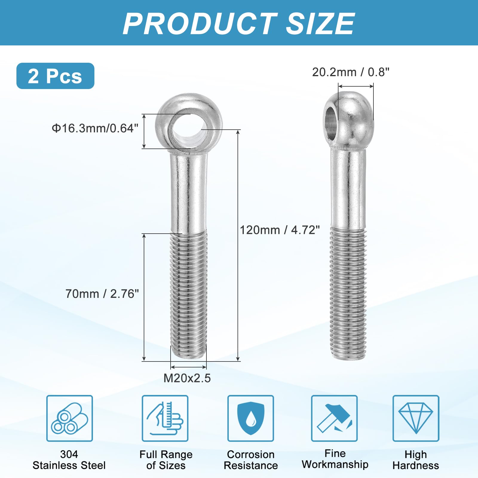 PATIKIL 2 Stück Ringschraube M20, 304 Edelstahl Ösenschraube M20x120mm, Metrisch Vollgewinde Ösenbolzen, Metall Augenschraube für Automobilindustrie, Ventile, Rohre, Silberton