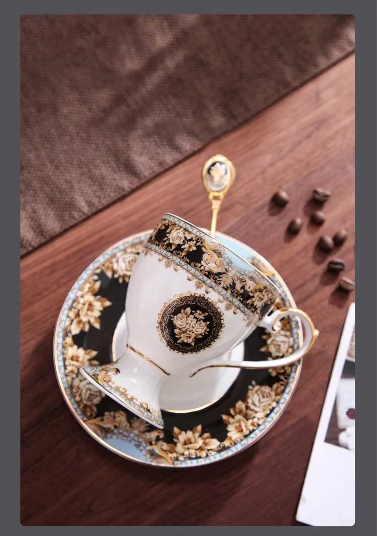Juego de tazas y platillos de té y café de 192.8 g, 21 piezas de taza de té en relieve de colores azul y negro con platillo a juego, porcelana fina de hueso, servicio para 6 personas