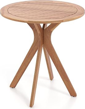 Tangkula 27.5 Inch Acacia Wood Outdoor Patio Bistro Table, Round Wooden Table w/X Base, Coffee Side Bistro Table for Garden, Backyard, Patio, Living Room Teak