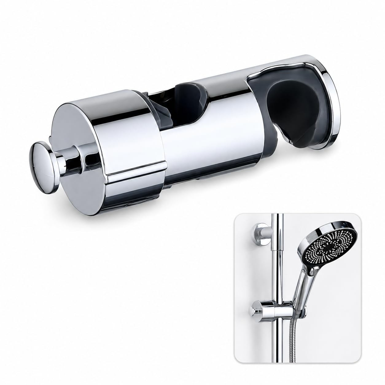 Shower Head Holder, Universal Shower Holder Bracket, 16-27mm Shower Holder Replacement with Hook, Chrome No Drill Slider Rail Clamp for Handheld Shower, Height Angle Adjustable