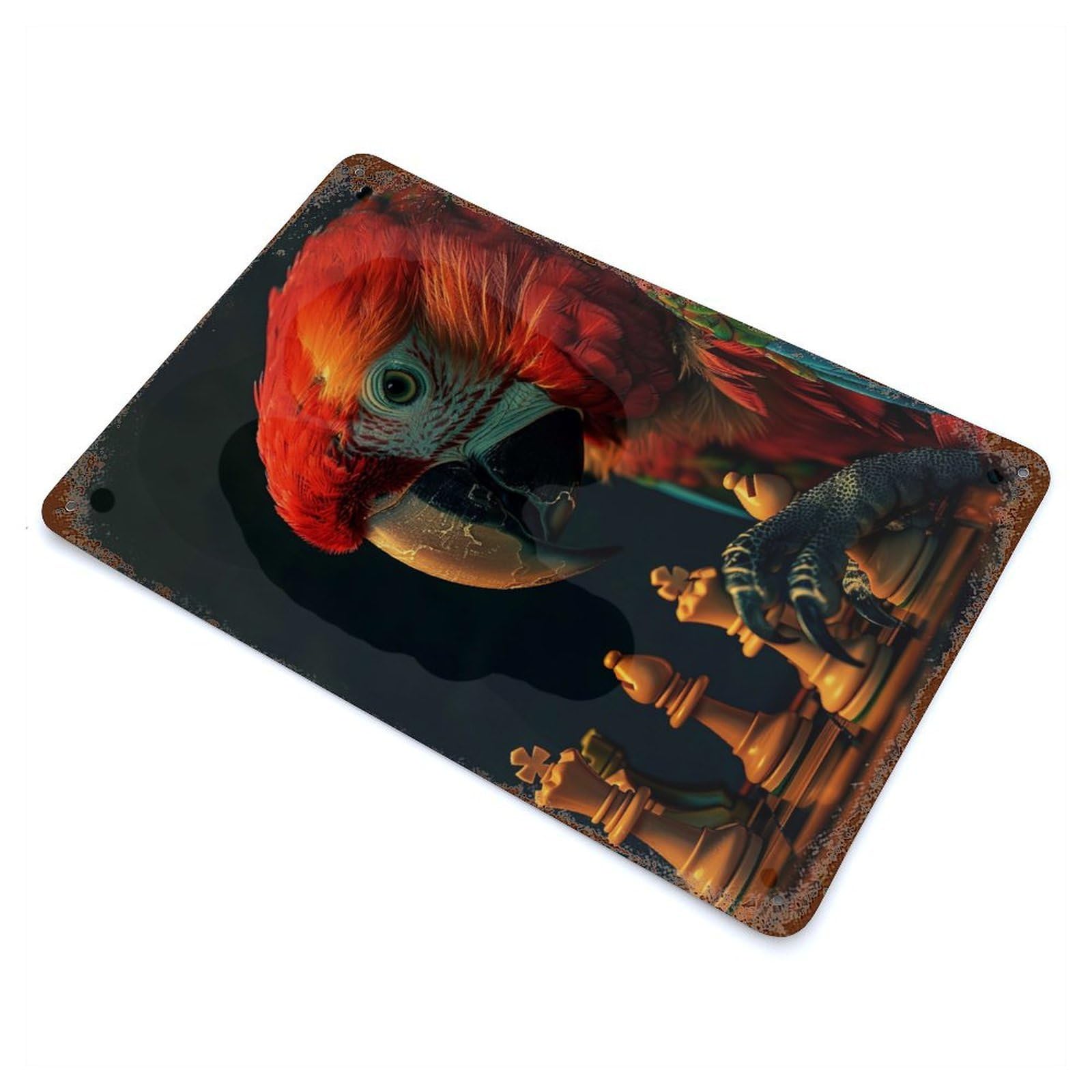 Parrot Chess Aged Metal Wall Plaque 11.8"x7.9", Decorative Metal Wall Art for Garage, Pub Or Kitchen