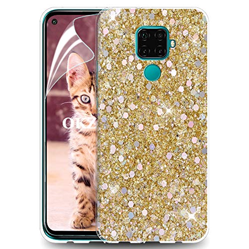 OKZone Funda para Huawei Mate 30 Pro Carcasa Purpurina [con Protector Pantalla], Cárcasa Brilla Glitter Brillante TPU Silicona Teléfono Smartphone Funda Móvil Case (Oro)