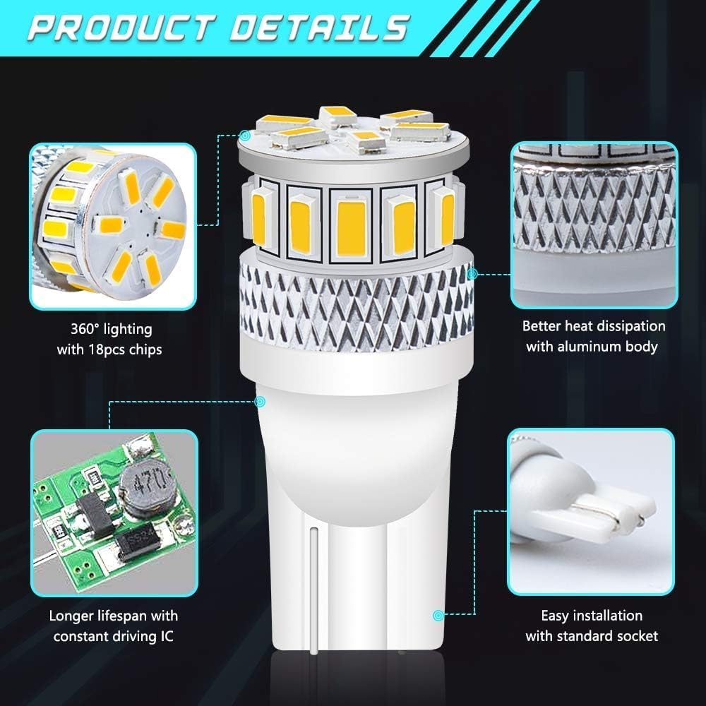 Alopee 4-Pack 194 LED Bulb Soft Warm White 168 LED Bulb 921 2825 T10 W5W 175 501 Non Polarity Replacement for License Plate Light Map Dome Door Trunk Light 18SMD 3014 Chips, DC 12-24V
