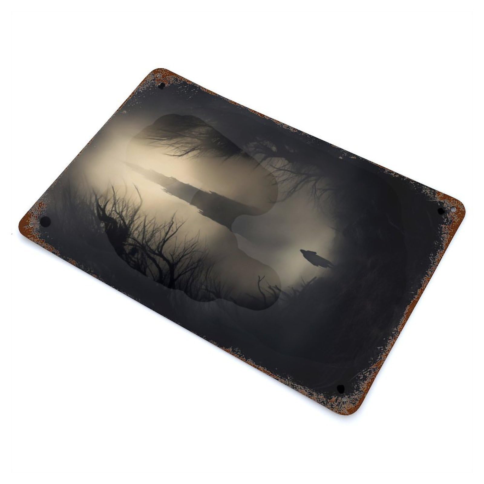 Mysterious Tower in Fog Rusty Metal Tin Sign 11.8"x7.9", for Basement, Hobby Room And Garage Decor, Retro Wall Decor
