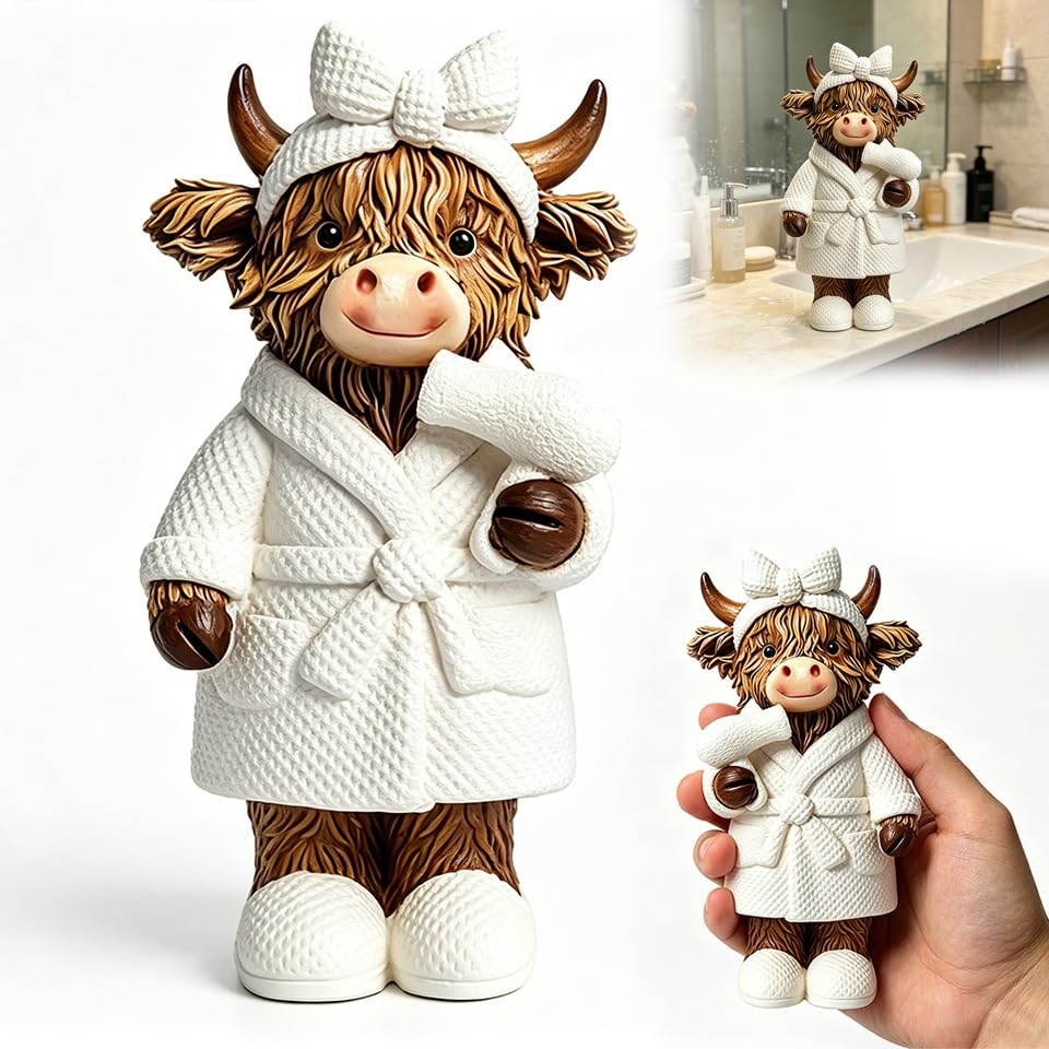 Highland Cow Ornaments Highland Cow Bathroom Ornaments Bathroom Ornamentss Cute Resin Figurine In Cozy Bathrobe Highlan-d Cows Bathrooms Accessories For Home Countertop Shelf Toilet Unique Gift
