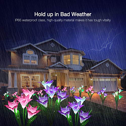 Outdoor Solar Lights, KOOPER 4 Pack Solar Garden Lights with 16 Bigger Lily Flowers, Waterproof 7 Color Changing Outdoor Lights - Bigger Solar Panel for Garden Patio Yard Pathway Decoration…