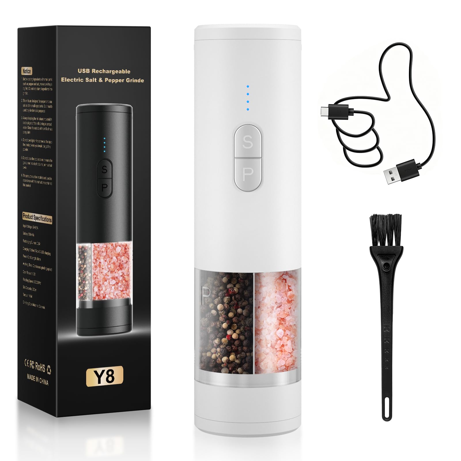 2 in 1 Salz und PfeffermüHle Elektrisch Set,Wiederaufladbare Automatische Pfeffermühle, LED-Beleuchtung, Einstellbare Mühle, Großes Fassungsvermögen ideal für Küche und Grill