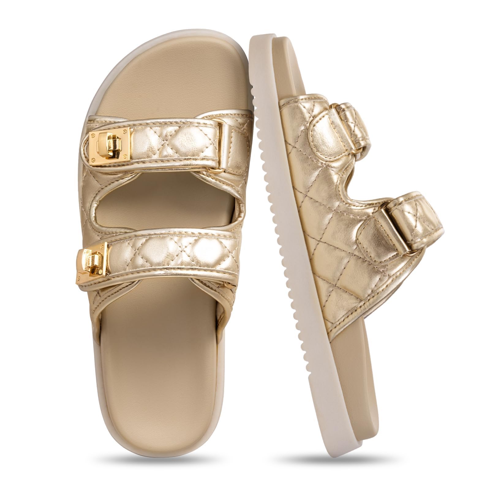FITORY Women's Flat Sandals Classic Adjustable Double Strap with Cushioned Footbed for Summer Size 6-11