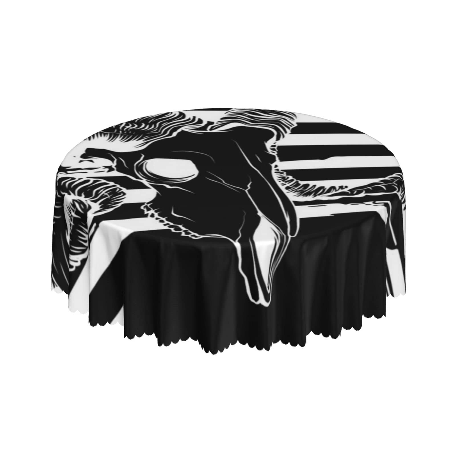 Lsjuee Ram Goat Skull American Flag Black Round Tablecloth 60 Inch Printed Washable Tablecloth for Dining Party Holiday Fall Home Decorative