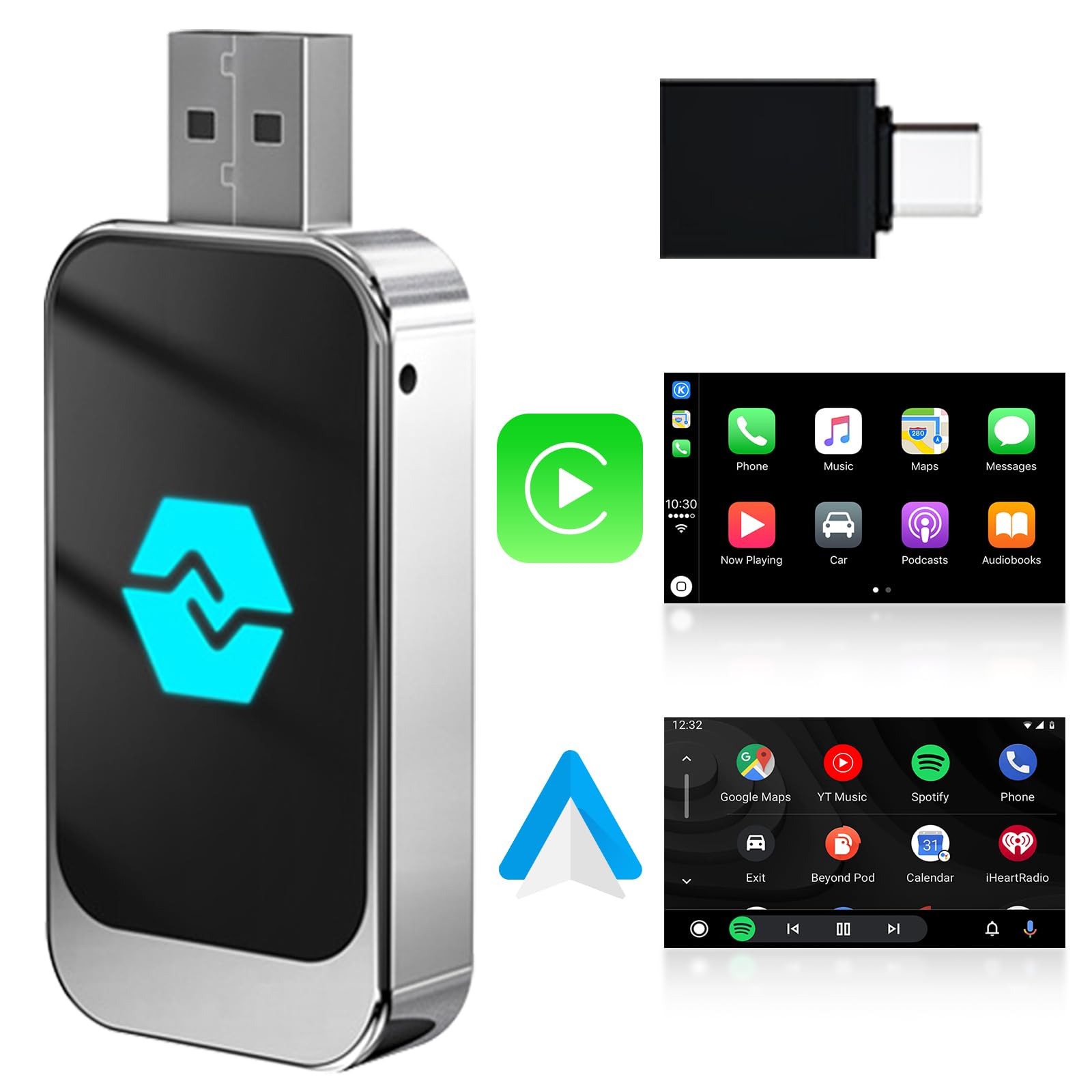 CUQI Bezprzewodowy adapter Android Car oraz CarPlay, 5G, WiFi i Bluetooth 5.0, USB typu C i USB, Plug & Play, dla iOS 10+, Androida 11+