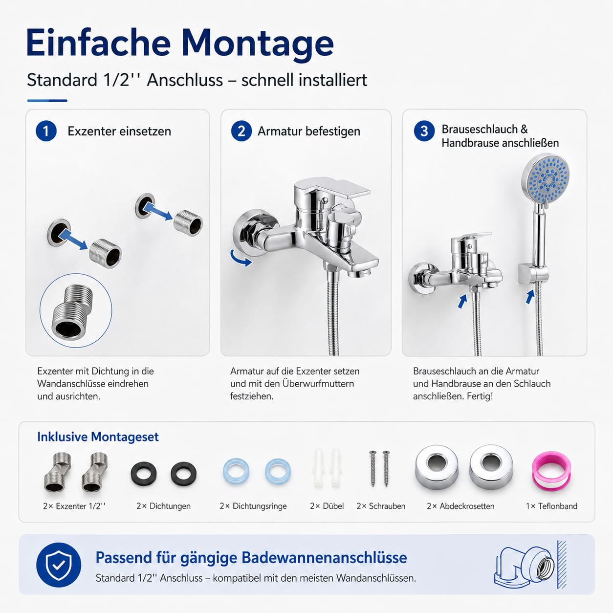 BONADE Badewannenarmatur mit Handbrause Mischbatterie Badewanne Chrom Wannenarmatur mit Brause Duschkopf 5 Funktionen, Messing Duscharmatur Wandhalterung und 150 cm Brauseschlauch für Bad