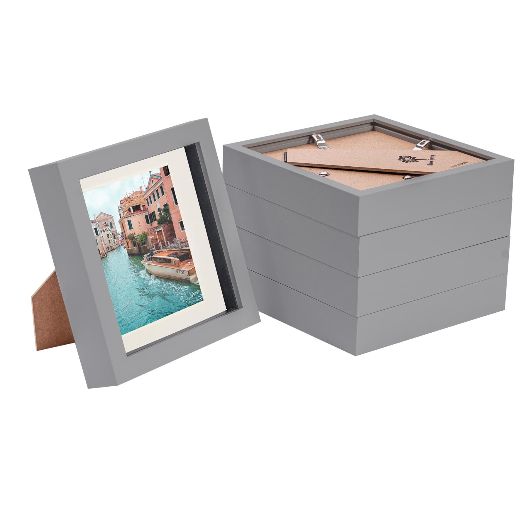 Nicola Spring Grey/Ivory 5X 6'' X 6'' Acrylic Shadow Box Frame - 4'' X 4'' Mount - Deep Glass Photo Picture Flower Craft Memory Wall Display