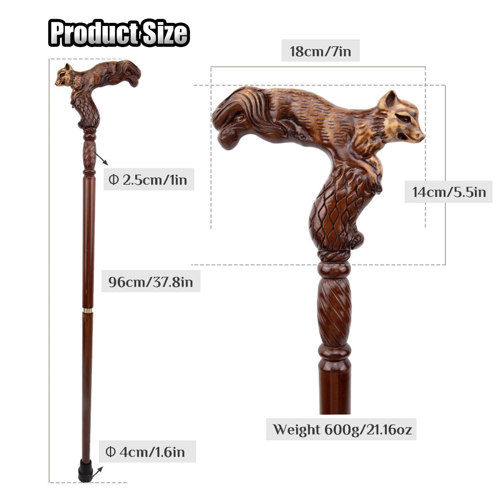 Bastoni da Passeggio in Legno di Volpe, con Impugnatura Ergonomica e Punta in Gomma Antiscivolo, per Cosplay da Uomo e da Donna di Lusso Decorativi 96 Cm