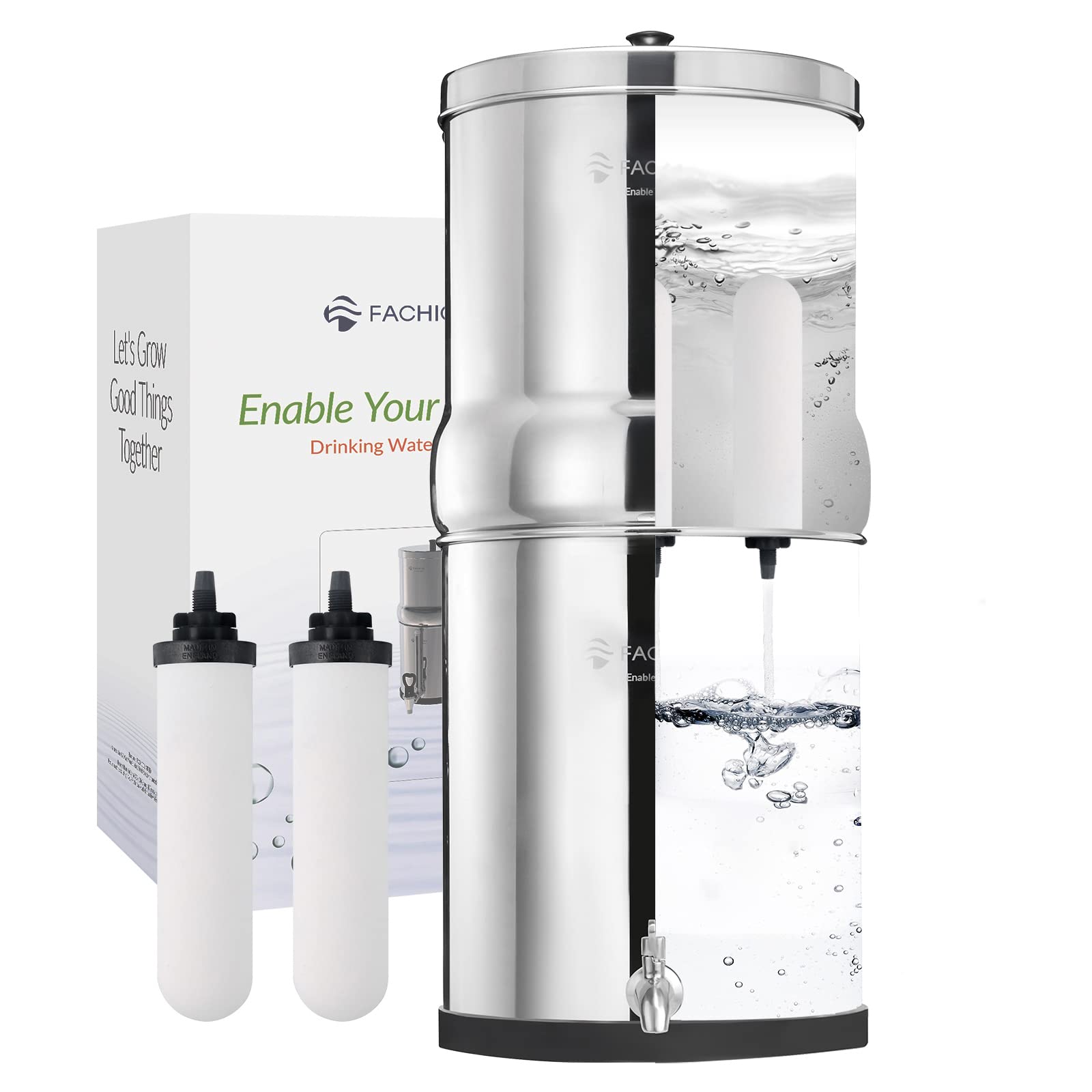 Photo 1 of FACHIOO Gravity-fed Water Filter System, 2.25-Gallon Stainless Steel Alkaline Filter Countertop System with 2 Ceramics Filters and Metal Spigot, Reduces 99% Chlorine, King Tank Series