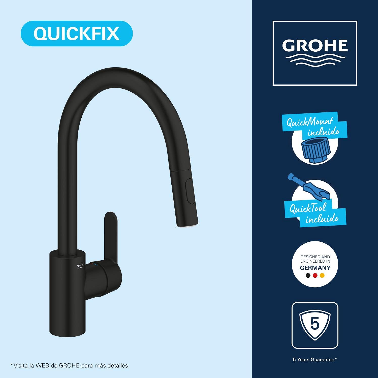 GROHE Get – Grifo Cocina con Caño Extraíble (2 Chorros, Caño Alto 381mm, Giro 360°, Cartucho 35mm, Acoplamiento Suave, Conexión 3/8", QuickMount), Negro Mate, 314842431