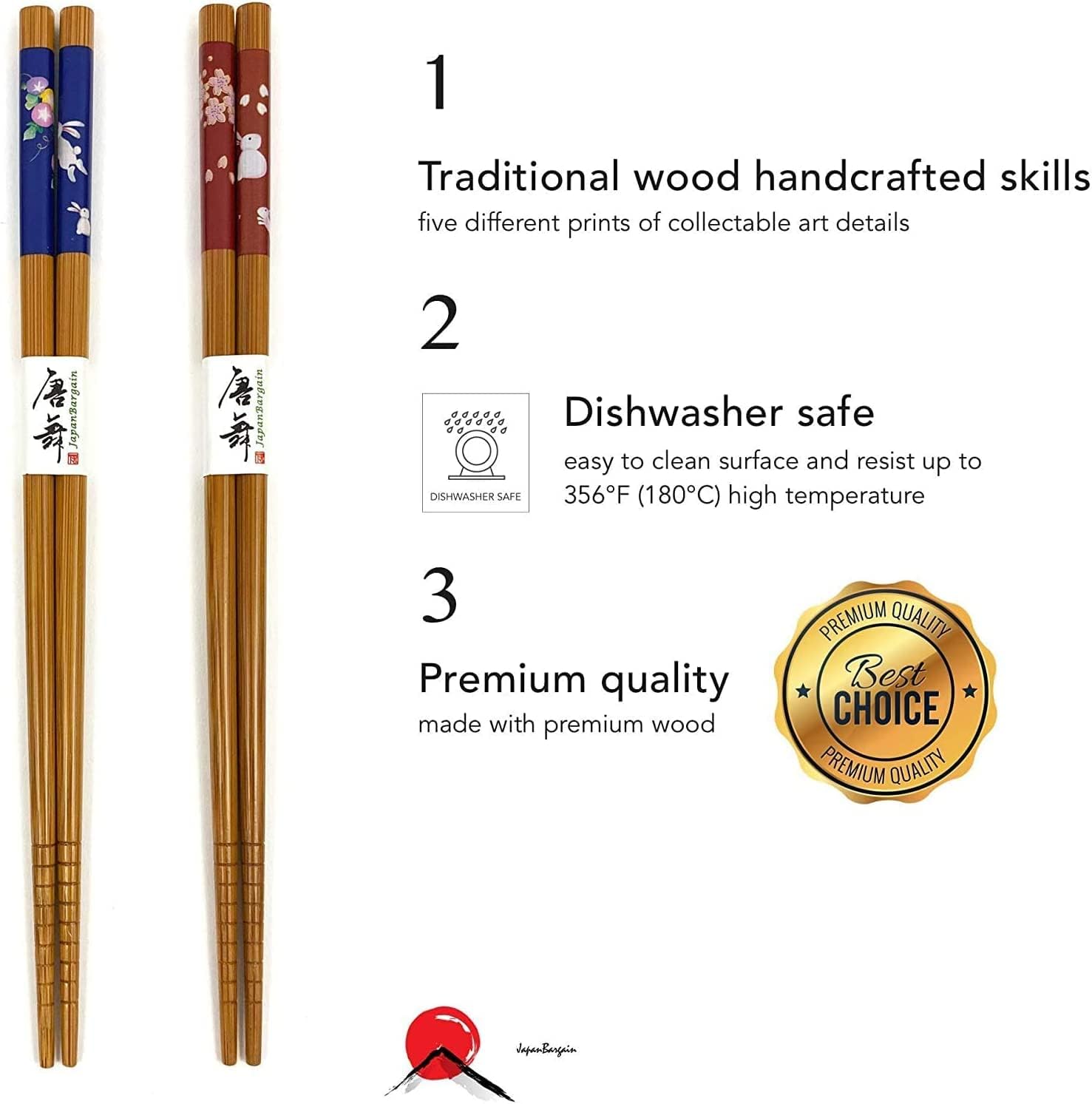 Bamboo Chopsticks Set, Japanese Reusable Wooden Chopsticks with Traditional Pattern Designs, Non Slip Tips Dishwasher Safe Asian Chopsticks for Sushi Ramen Noodles Rice Dining (10, Bunny/Natural)