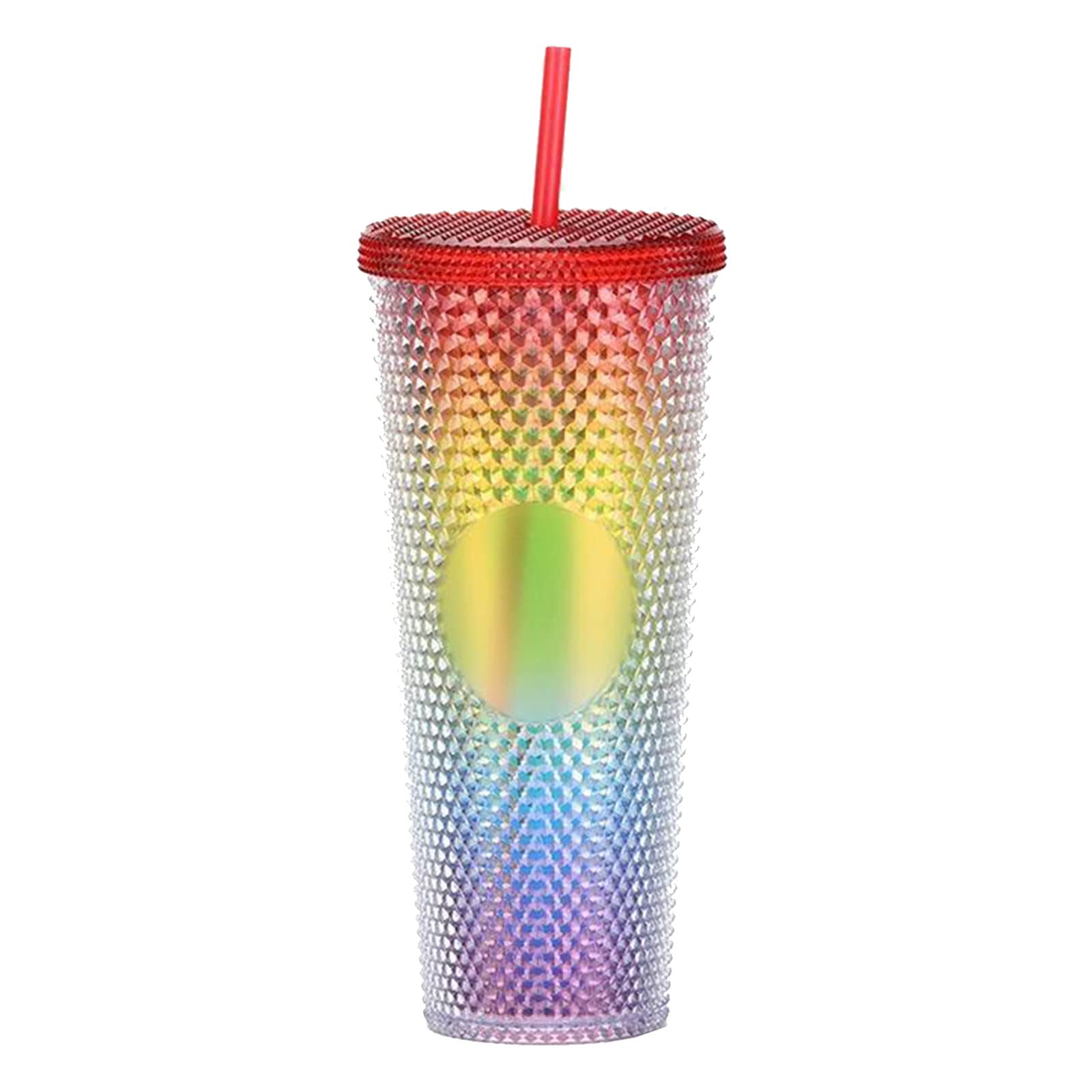 Yearninglife 710ML Studded Tumbler Cup with Lid and Straw ,Double-Walled Travel Cup ,Double Walled Cold Cup for iced Coffee Water, Slush or Smoothies (Rainbow)