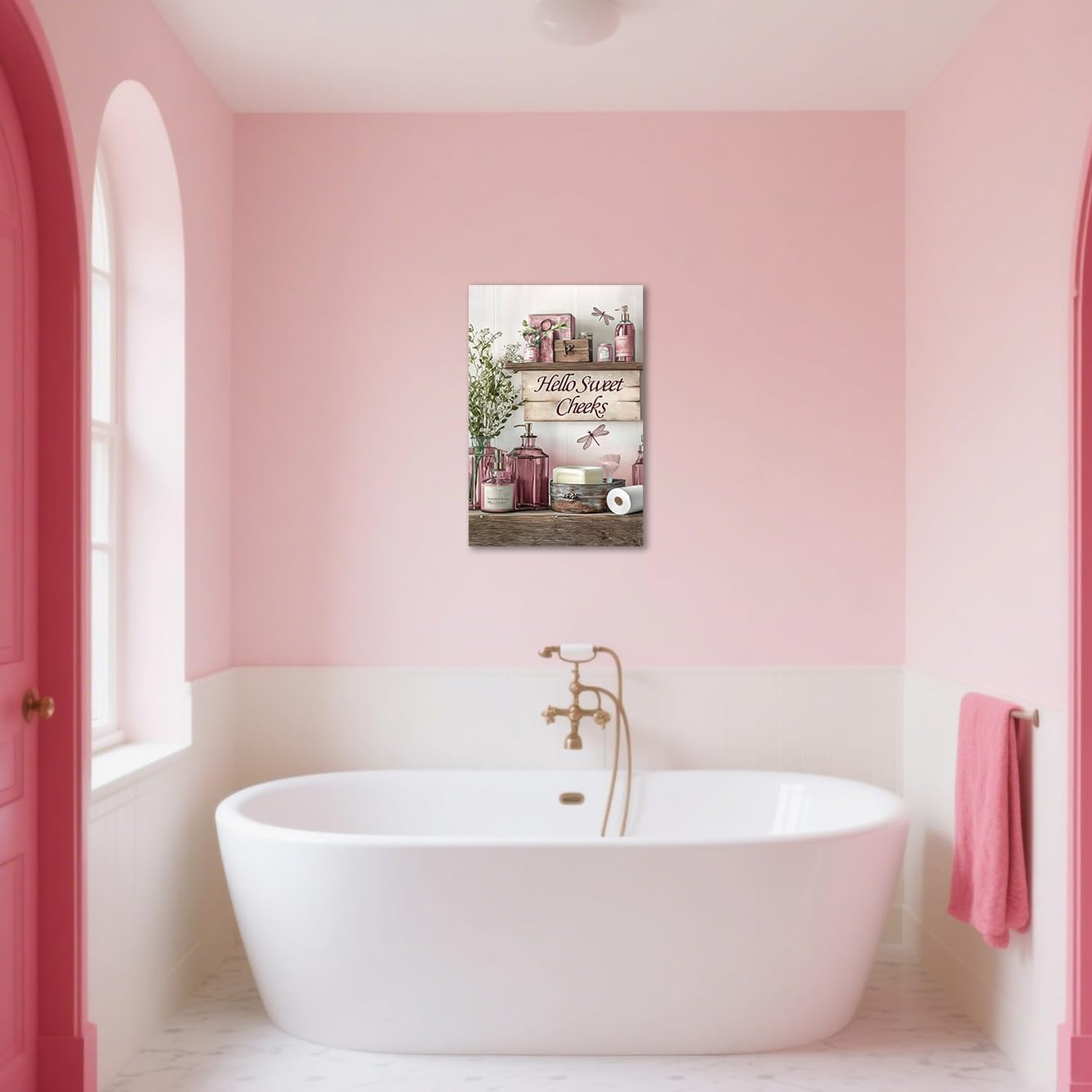 BJYCHG Rustic Bathroom Canvas Wall Art Pink Bathroom Picture Sign Farmhouse Floral Jars Painting Prints for Toilet Laundry Powder Room Decor Framed (Pink, 18L x 12W)