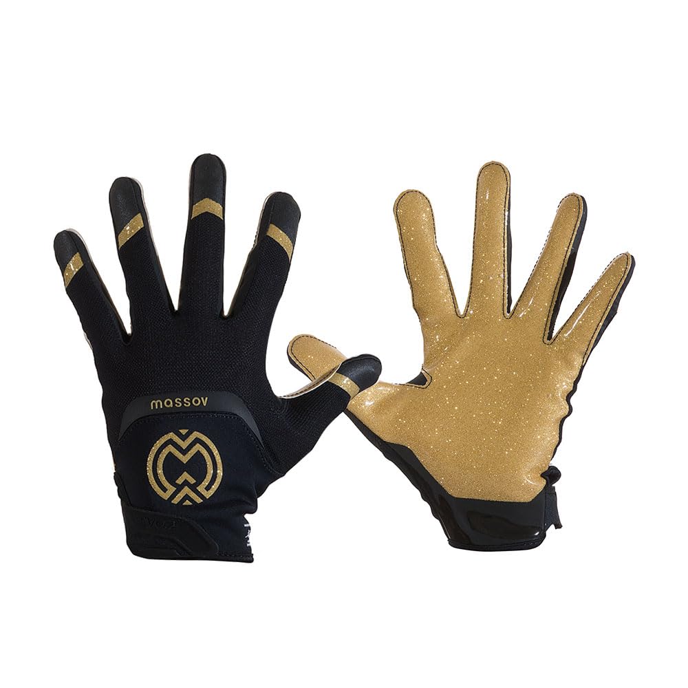 MASSOV EVO2 Youth Football Gloves - Sticky Football Gloves with ProTac Palms, Mesh & 4D Sport Mesh for Elite Fit & Superior Breathability - Black & Gold, X-Small