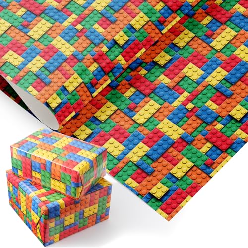 PlandRichW Building Blocks Wrapping Paper for Boys Girls - 4 Large Folded Sheets 40x 28 Colorful Building Bricks Design Gift Wrap for Kids Birthday Toys Baby Shower