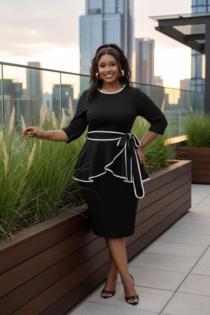 FANDEE Plus Size Women's Church Dresses Vintage Bodycon Elegant 3/4 Sleeve Pencil Dress - Image 5