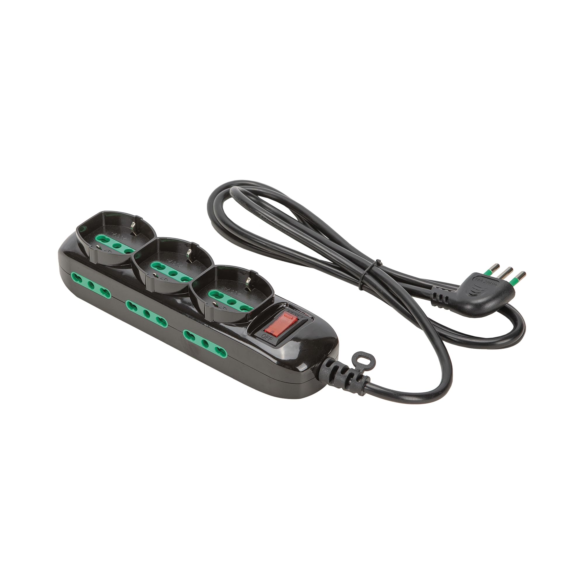 FANTON 474174 Multipresa TRIAX 3 prese bipasso-schuko, 6 prese bipasso, cavo 1,5m, spina a squadra 10A + interruttore di sicurezza, colore nero
