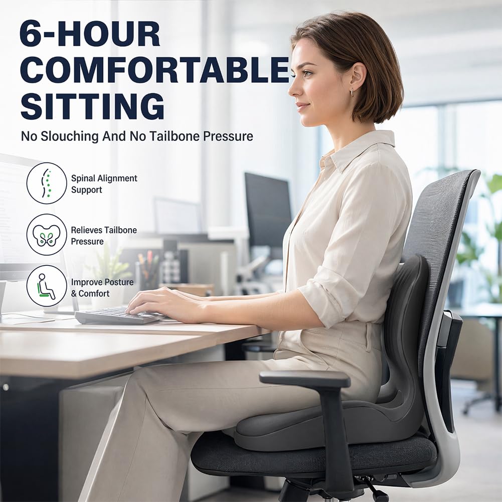 Gohytal Cojín de asiento para silla de oficina con respaldo, cojín ortopédico, asiento en forma de L y cojín lumbar de espuma viscoelástica, soporte lumbar para silla de oficina, asiento de coche