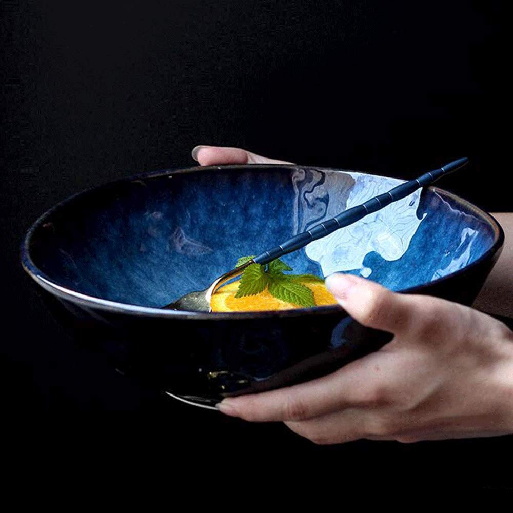 9 Pulgadas Vajilla De Cerámica Retro, Creative Ramen Bowl Tazón De Sopa Grande Ensaladera De Frutas Estilo Japones Tazón De Servir, Azul