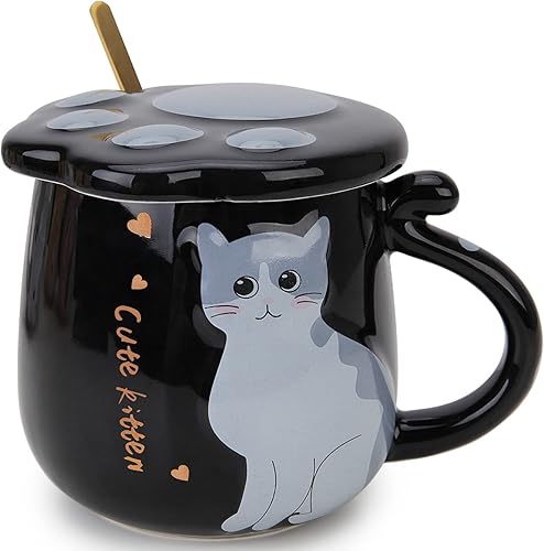 Kitchenexus Bonita taza de café con diseño de gato, taza de té de leche de cerámica con bonita tapa de gatito y cuchara de acero inoxidable para