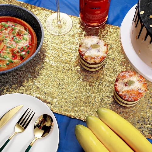 Image of Irenare 2 Pcs Blue and Gold Tablecloth and Sequin Table Runner Set Polka Dots Confetti Table Cover Dining Plastic Tablecloths Glitter Decorations for Birthday Wedding Anniversary Party Supplies