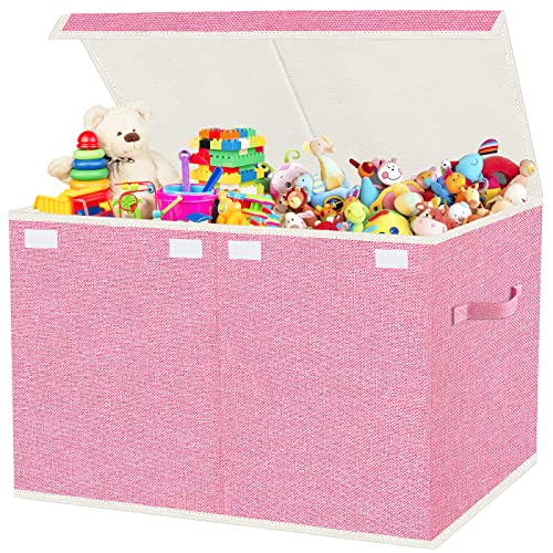 VERONLY Large Collapsible Toy Storage Box with Lid & Handles – Kids Organizer Chest for Toys, Clothes, Blankets (Pink, Nursery, Playroom, Bedroom)-24.5”×13”×16”