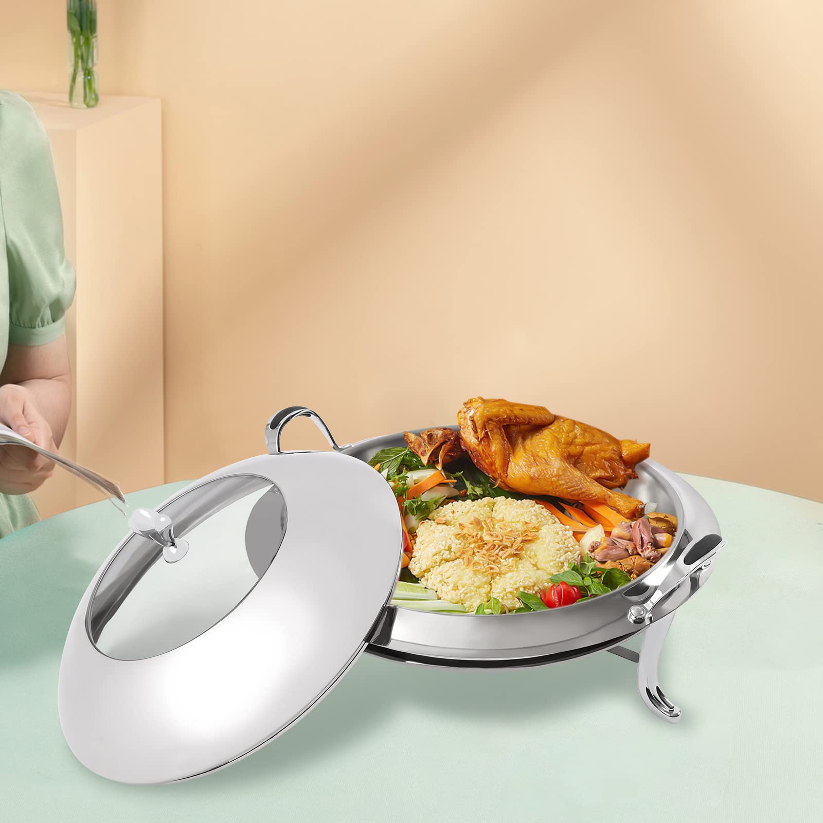 Chafing Dish, scaldavivande rotondo a buffet caldo da 3 l, in acciaio inox, contenitore termico rotondo a buffet, con coperchio