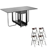 VASTATIO Folding Table and Chair Set, Dining Table with Extra Large Storage Space and 2 Drawers Matched with Padded Steel Frame Folding Chairs, Space-Saving Dining Table and 4 Chairs (White)