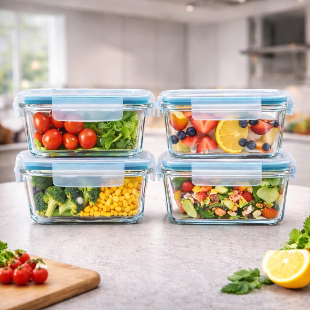 Kit 4 Potes de Vidro Hermético 640ml Borossilicato com 4 Travas – Marmita Fit, Pote para Alimentos Freezer Micro-ondas Lava-Louças Super Resistente Linha Rhead Premium – Aproximadamente 18x13x6 cm (4)