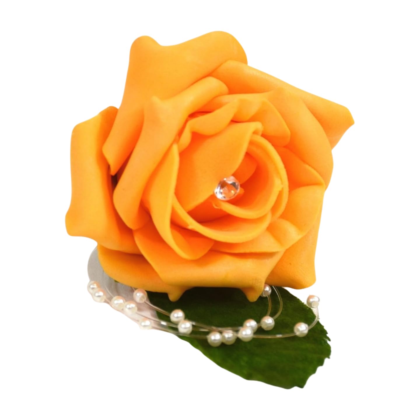 Shimmer-hj 20 Tangarine rose with pearl loop & diamante centre artificial foam wedding buttonholes. Bouquets, posy, corsage & wands available for bride, groom, bridesmaid, pageboys.