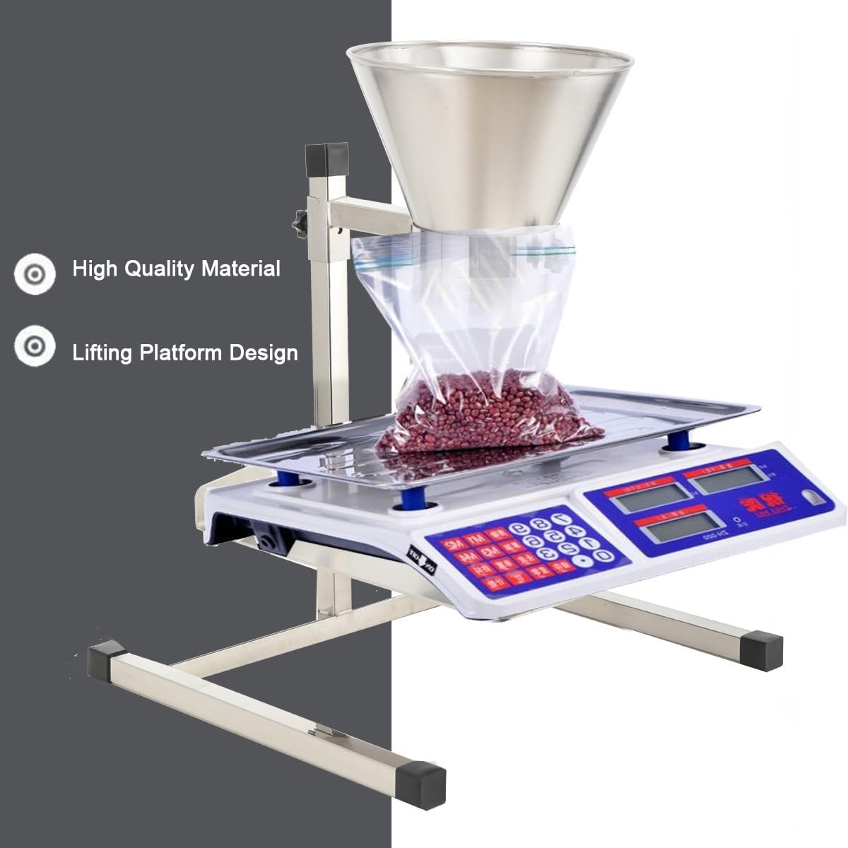 Trichter aus Edelstahl mit großem Durchmesser, Halterung und Hebeplattform – Manuelle Dosiermaschine für Pulver, Pasten, Flüssigkeiten und Granulate (7cm)