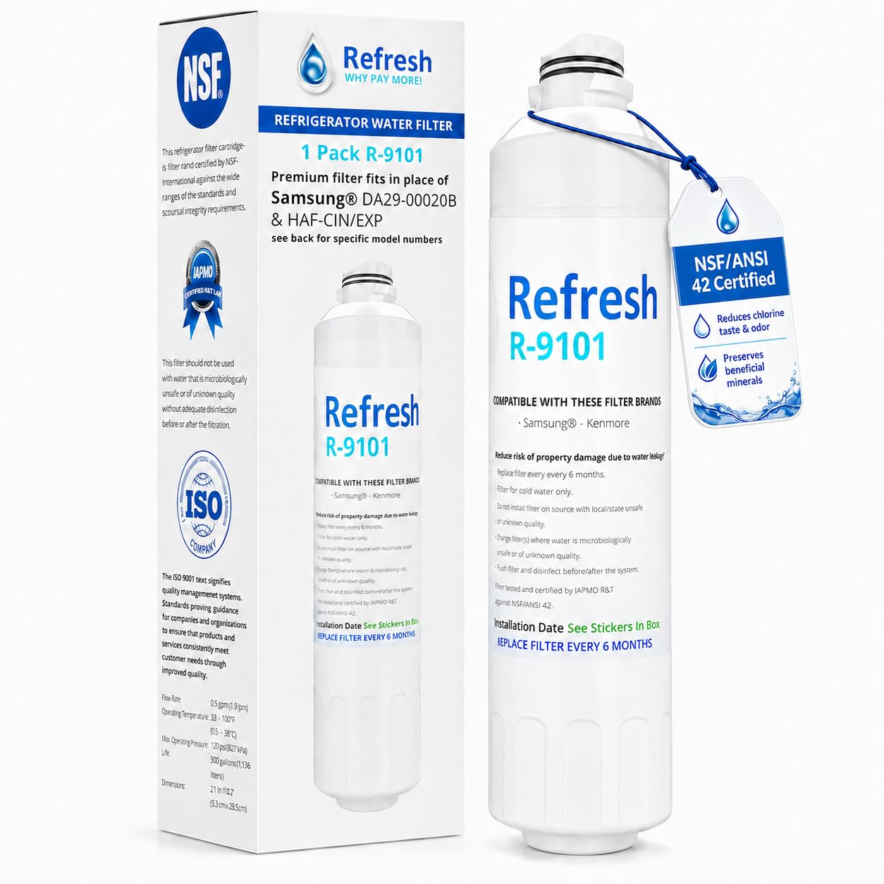 Refresh Refrigerator Water Filter Replacement, Samsung DA29-00020B, 1-Pack | R-9101 replaces HAF-CIN, HAF-CIN/EXP, DA29-00020A, DA97-08006A-B, 9101; fits Samsung fridges; Tested to NSF/ANSI 42