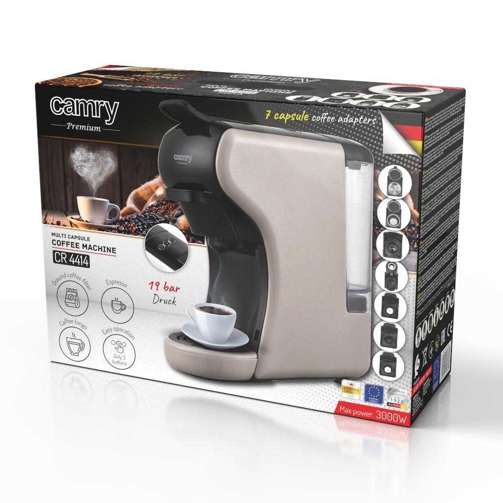CAMRY CR 4414 Cafetera Cápsula con depósito de agua 0,6L, 19 tazas, barra compacta - Máquina de café espresso 3000W Compatible con Nespresso, Dolce Gusto, Lavazza & Más - Fácil operación con 3 botones